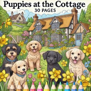 Puppies at the Cottage Coloring Book: 30 Pages, Fun Activity (Digital Download)