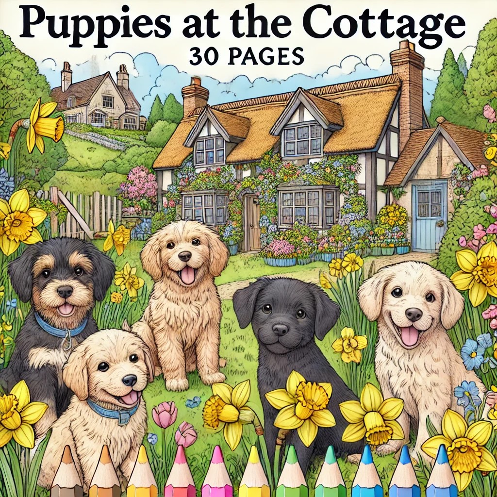 Puppies at the Cottage Coloring Book: 30 Pages, Fun Activity (Digital Download)